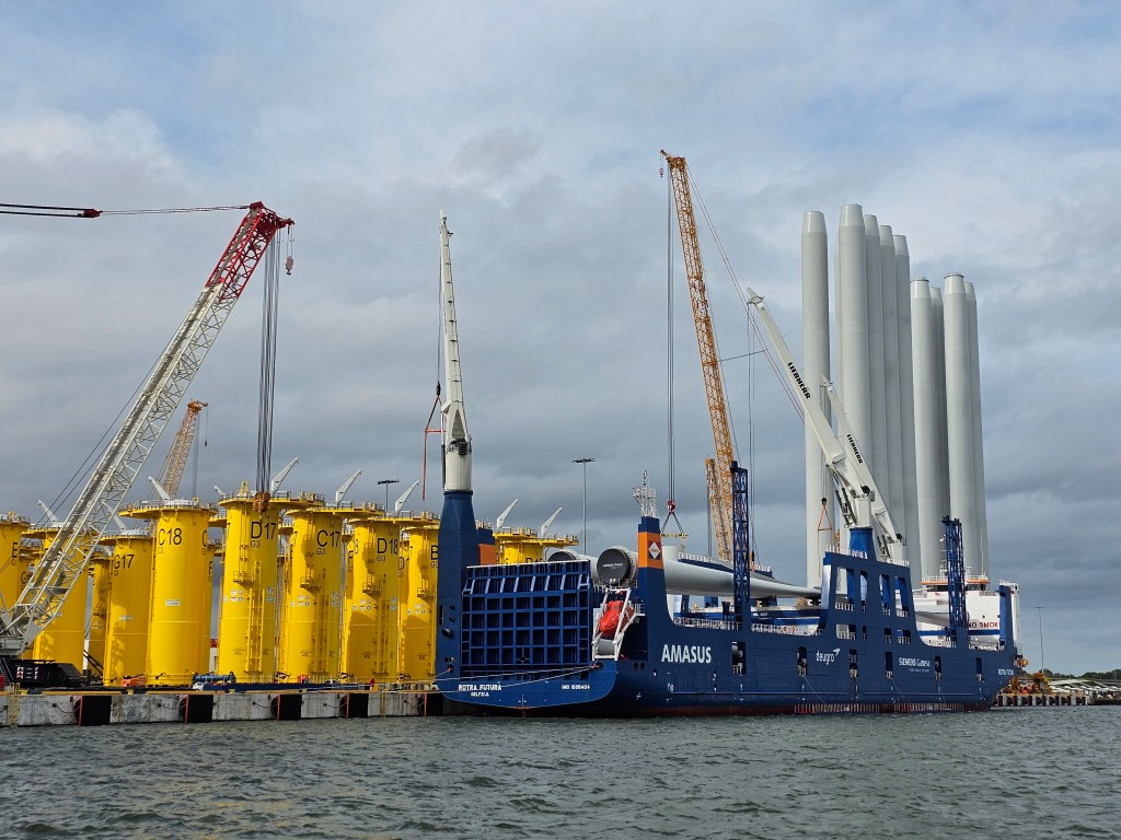 The Orion, ship used n the construction of the Coastal Virginia Offshore Wind farm (CVOW), with offshore wind parts aboard.